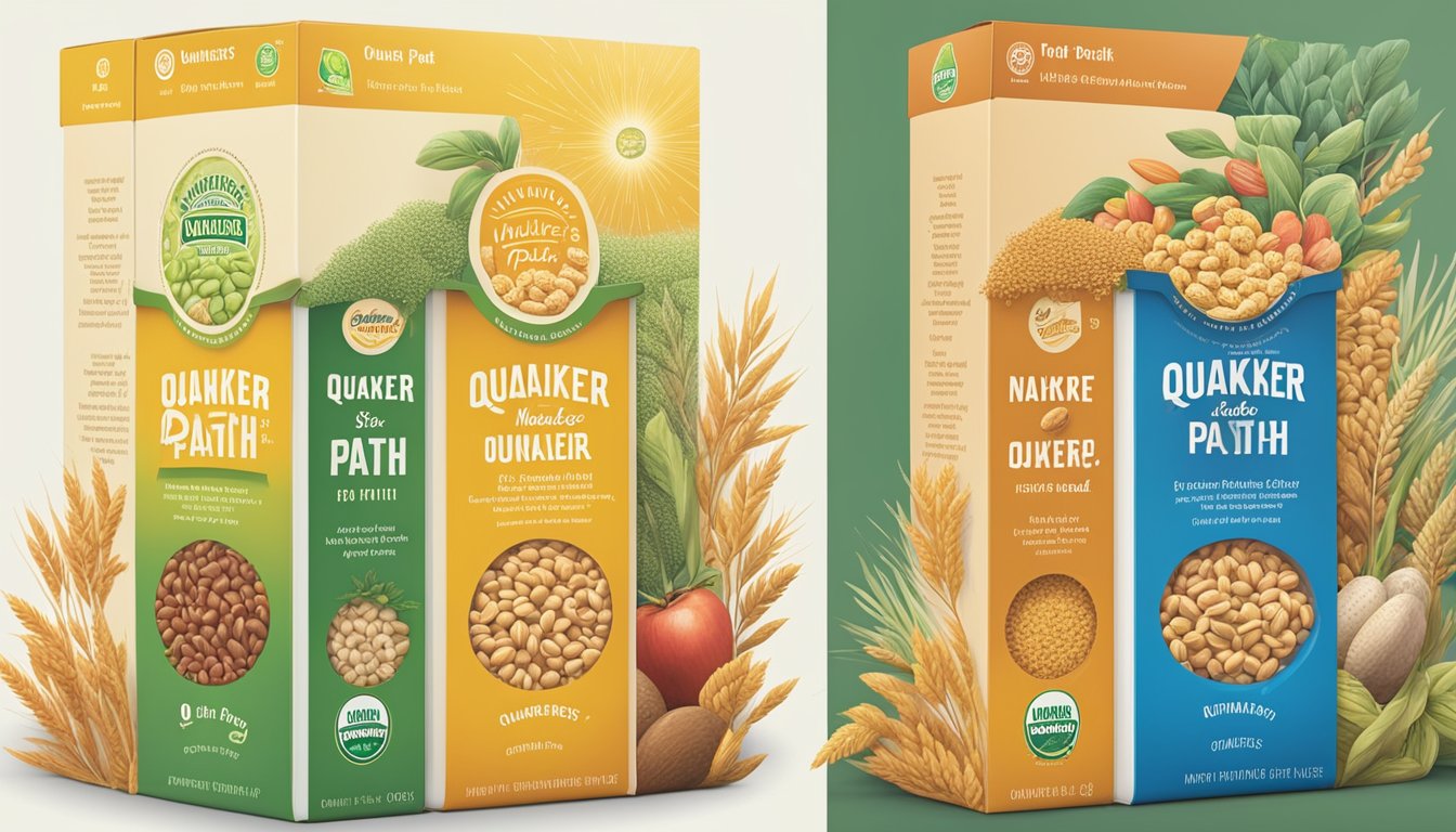 Two cereal boxes side by side, one labeled "Quaker" and the other "Nature's Path." Each box displays its nutritional profile prominently