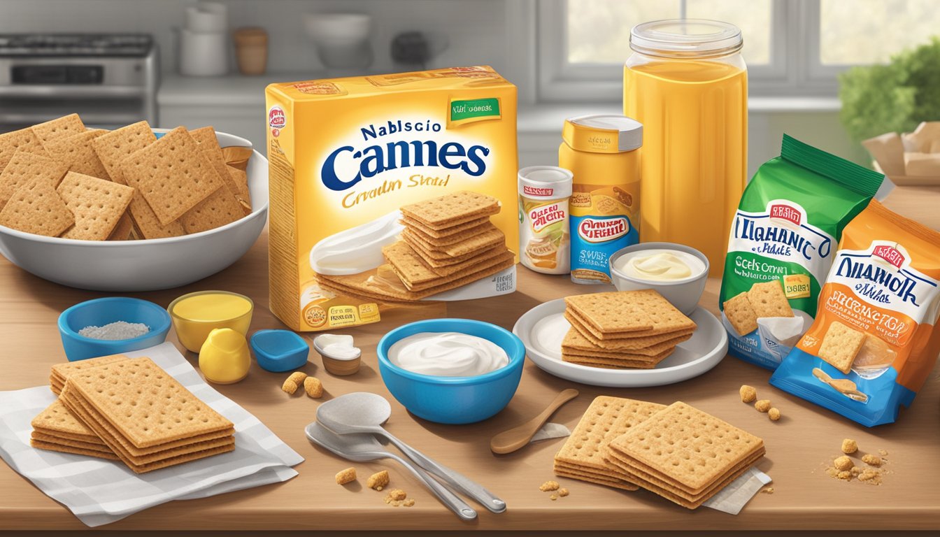 A kitchen counter with a spread of Nabisco graham crackers and Honey Maid packaging, surrounded by various ingredients and cooking utensils