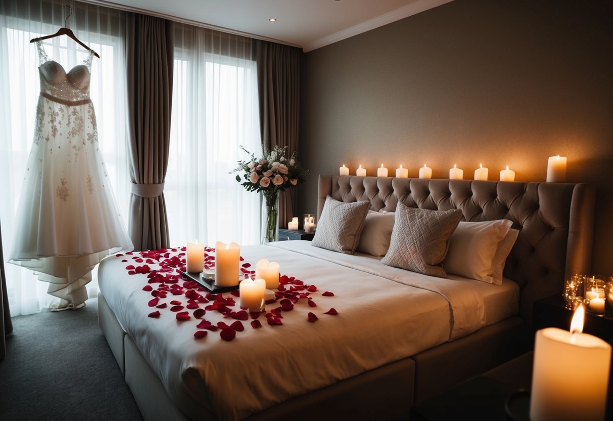 A cozy, candlelit bedroom with a large, plush bed adorned with rose petals and a wedding dress hanging in the corner