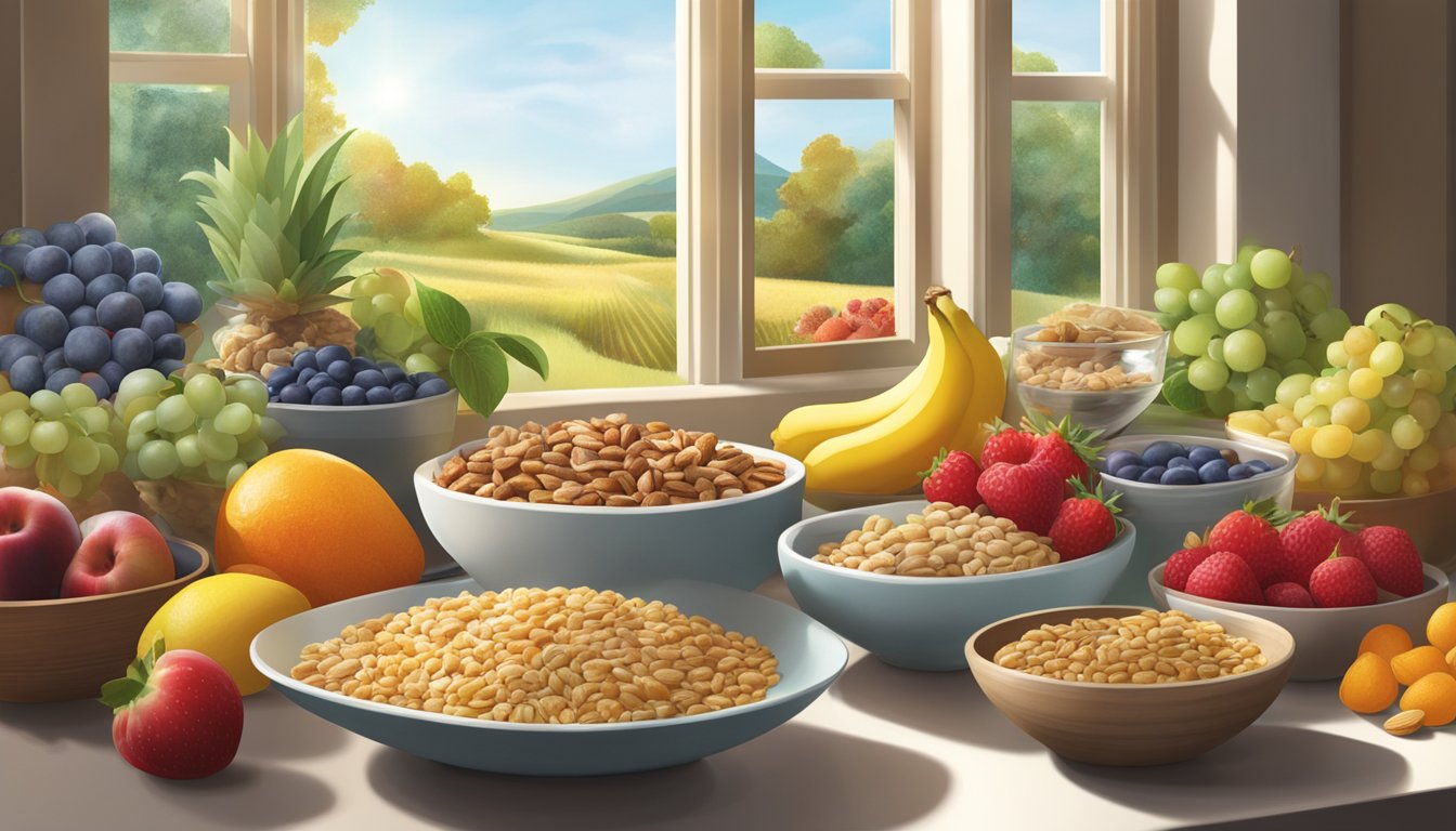 A table with bowls of Quaker and Nature's Path cereal, surrounded by various fruits, nuts, and seeds. Sunlight streams through a window onto the scene