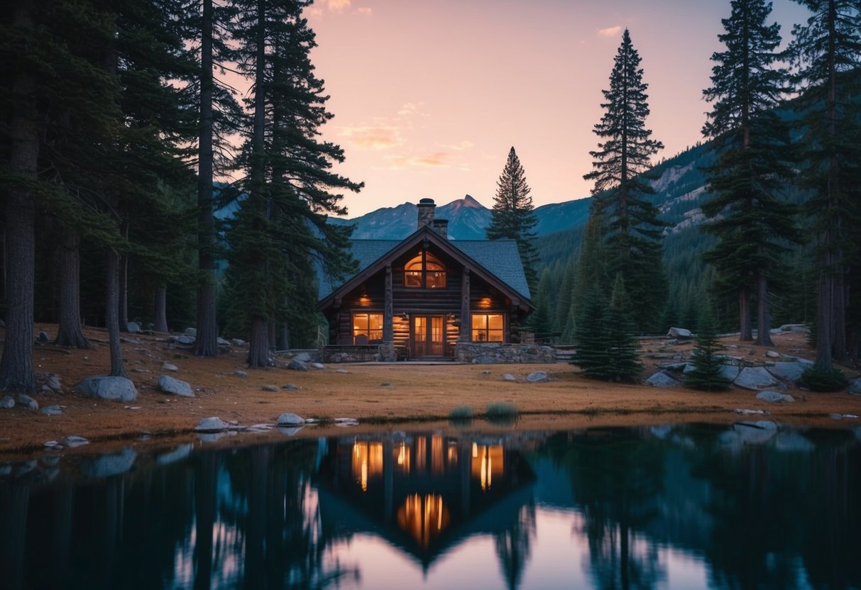A cozy, rustic cabin nestled in the mountains, surrounded by tall pine trees and a serene lake, with a warm glow emanating from the windows