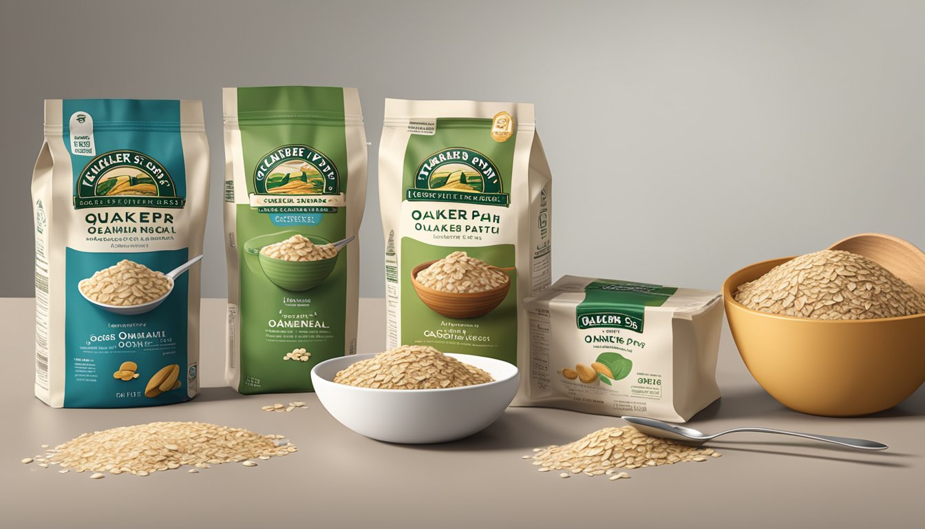 A kitchen counter with neatly arranged Quaker and Nature's Path oatmeal packets, a bowl, and a spoon