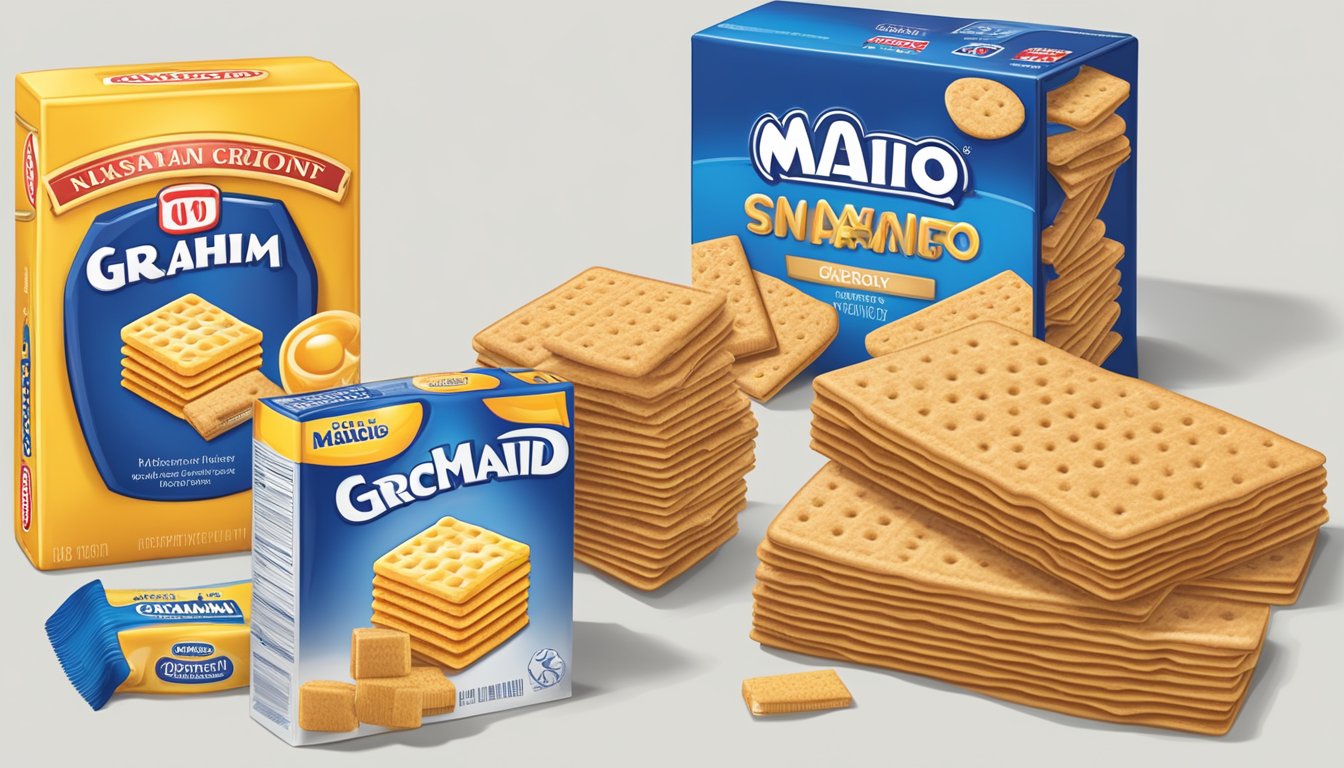 A table with assorted dietary restriction symbols and a pack of Nabisco graham crackers next to a pack of Honey Maid graham crackers