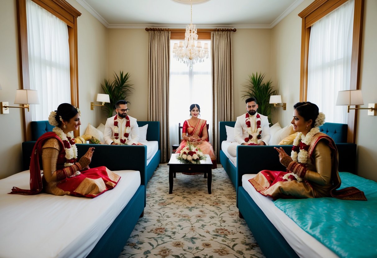 The bride and groom stay in separate rooms, surrounded by their closest friends and family, partaking in pre-wedding rituals and activities