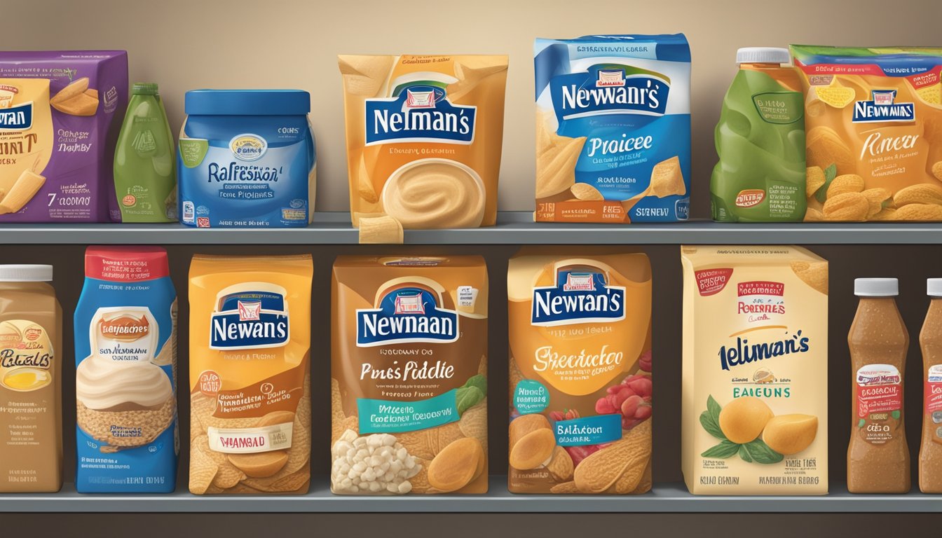 Two shelves side by side, one filled with Kraft products and the other with Newman's Own products. Labels are clearly visible