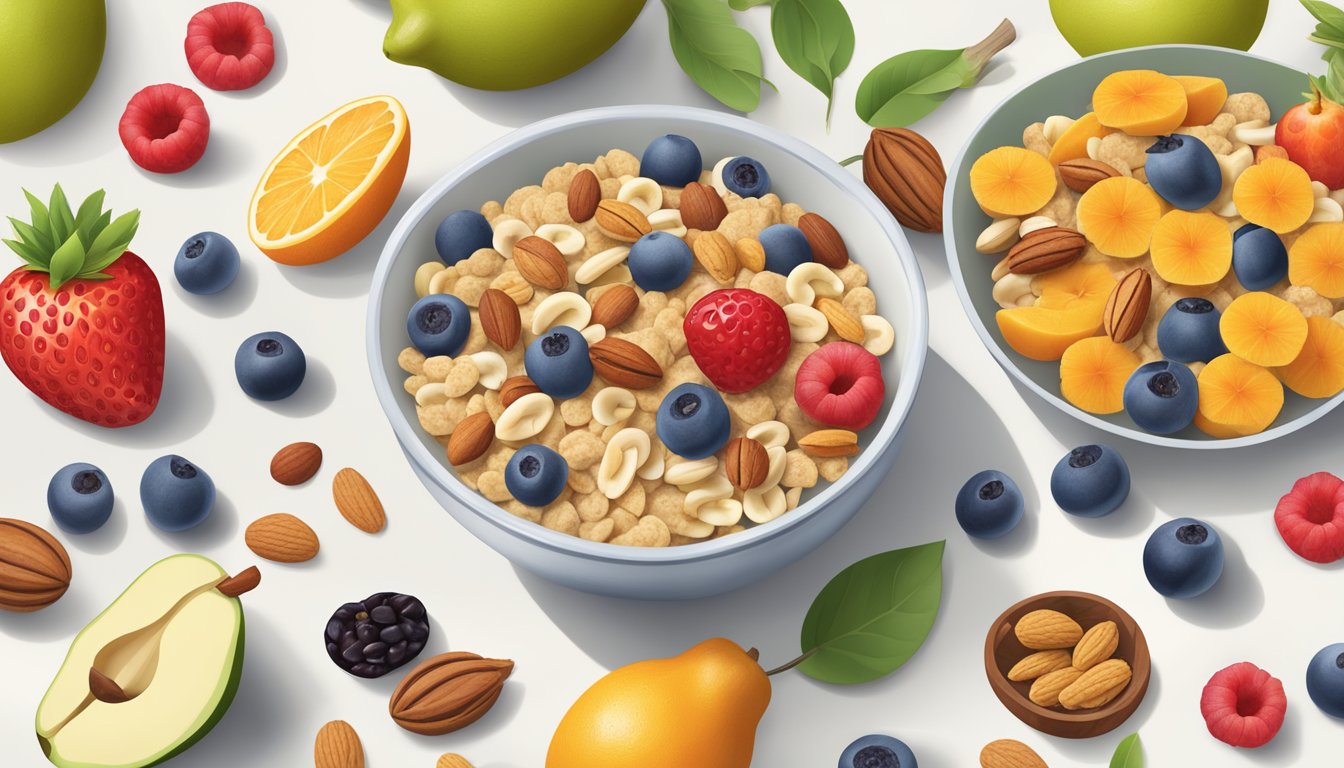 A bowl of Quaker and Nature's Path cereal surrounded by a variety of fresh fruits and nuts, with a spoon resting on the side