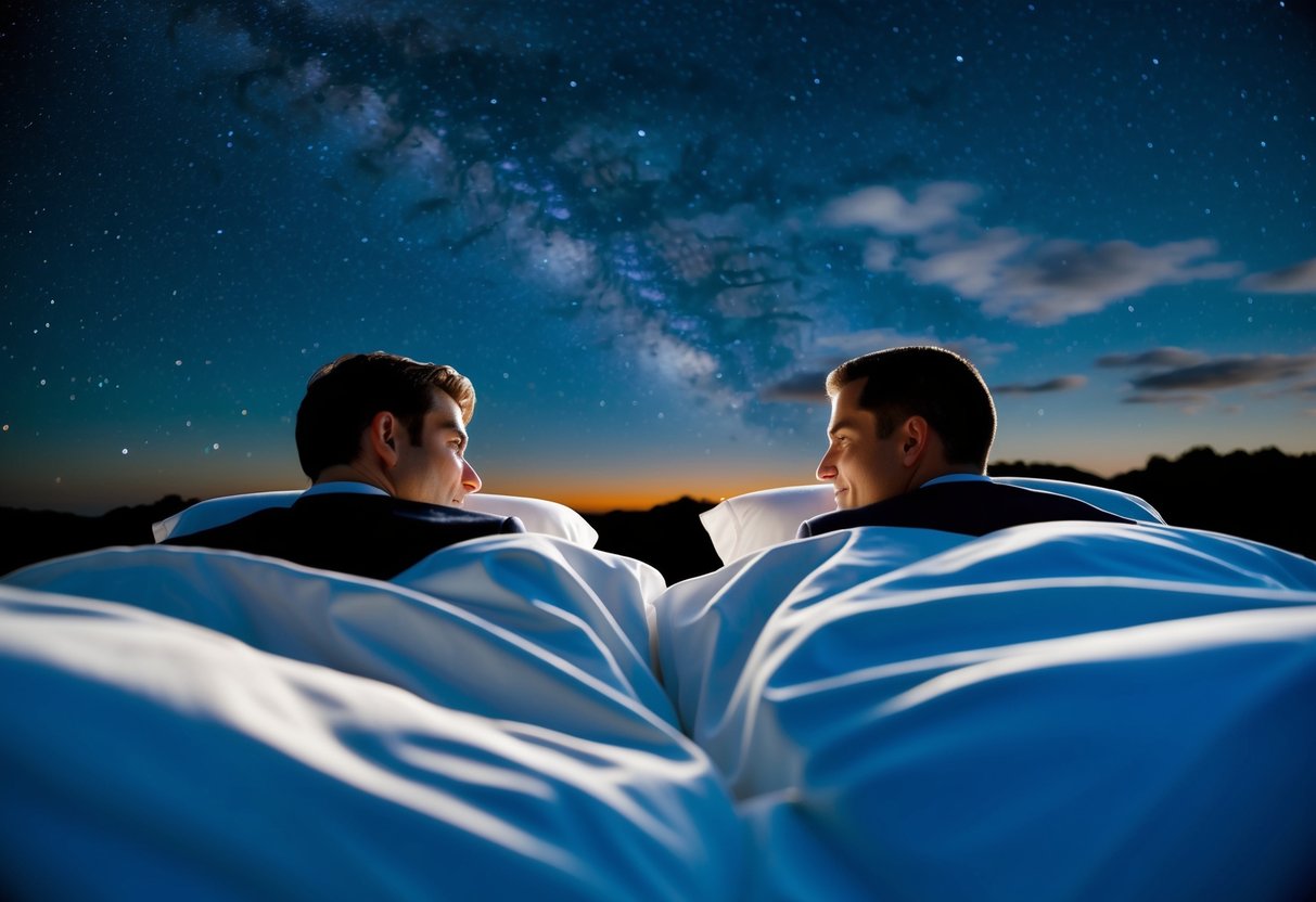 A bride and groom's separate beds under a starry sky, symbolizing the tradition of spending the night apart before the wedding