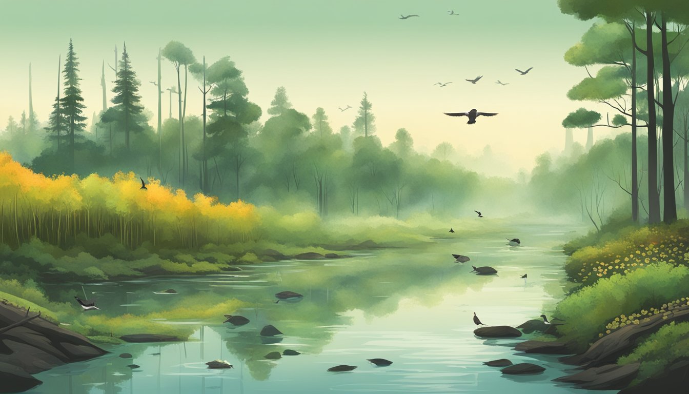 A serene forest with a clear stream, birds, and wildlife on one side, contrasting with a polluted and industrialized landscape on the other