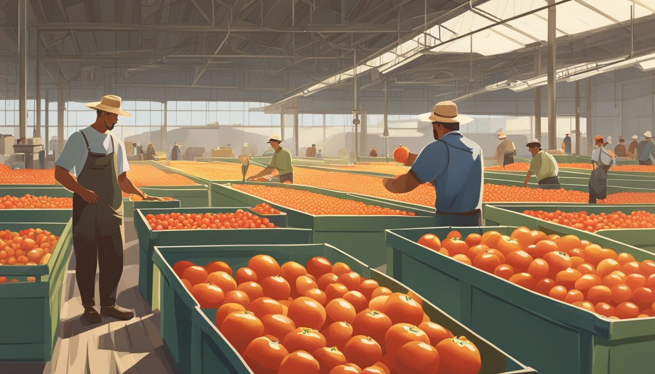 A farmer handpicks ripe tomatoes from a sunny field, while a worker inspects and labels Kraft and Newman's Own products in a bustling factory