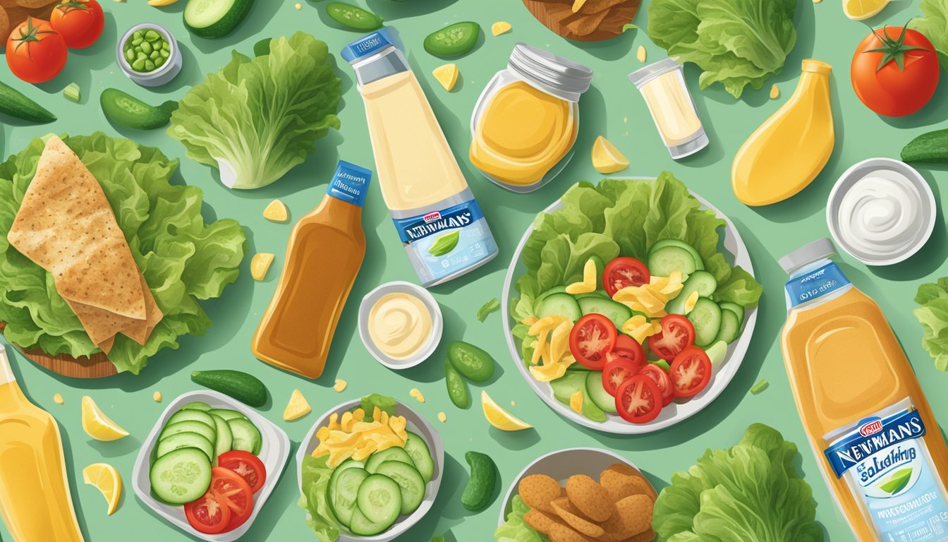 A table with two contrasting bottles of kraft and newmans own salad dressing, surrounded by various fresh ingredients like lettuce, tomatoes, and cucumbers