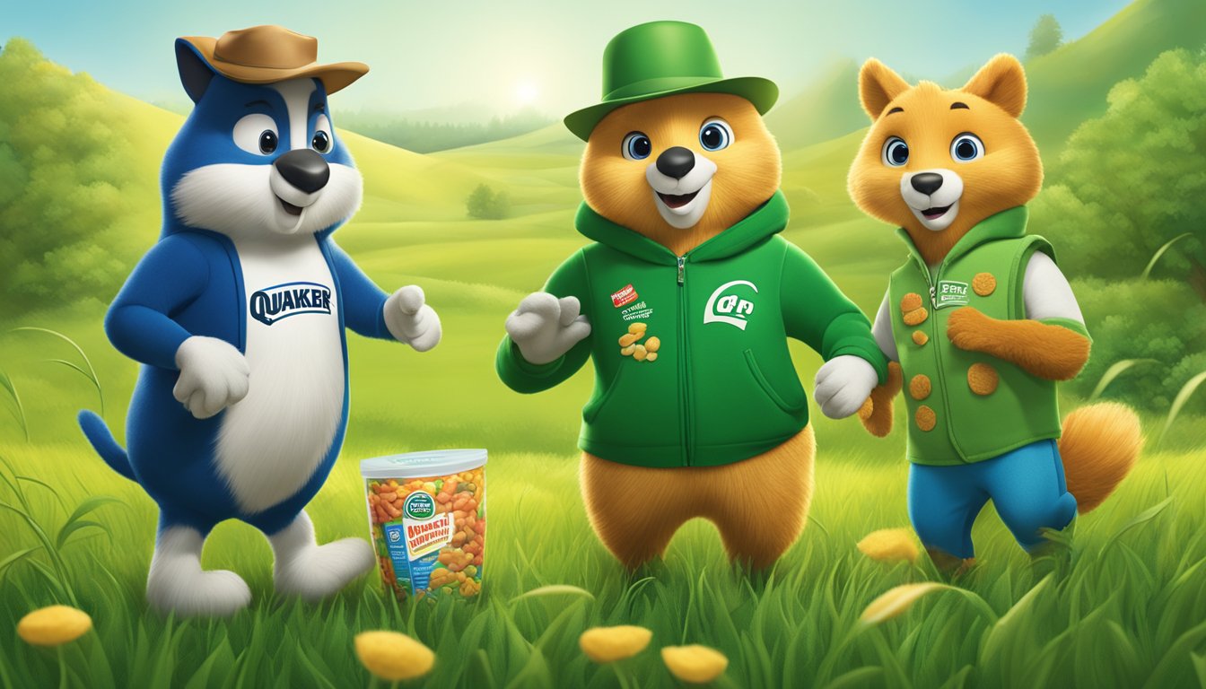 Two cereal mascots face off in a lush, green field, surrounded by their respective product packaging. The Quaker mascot stands confidently, while the Nature's Path mascot exudes a sense of determination