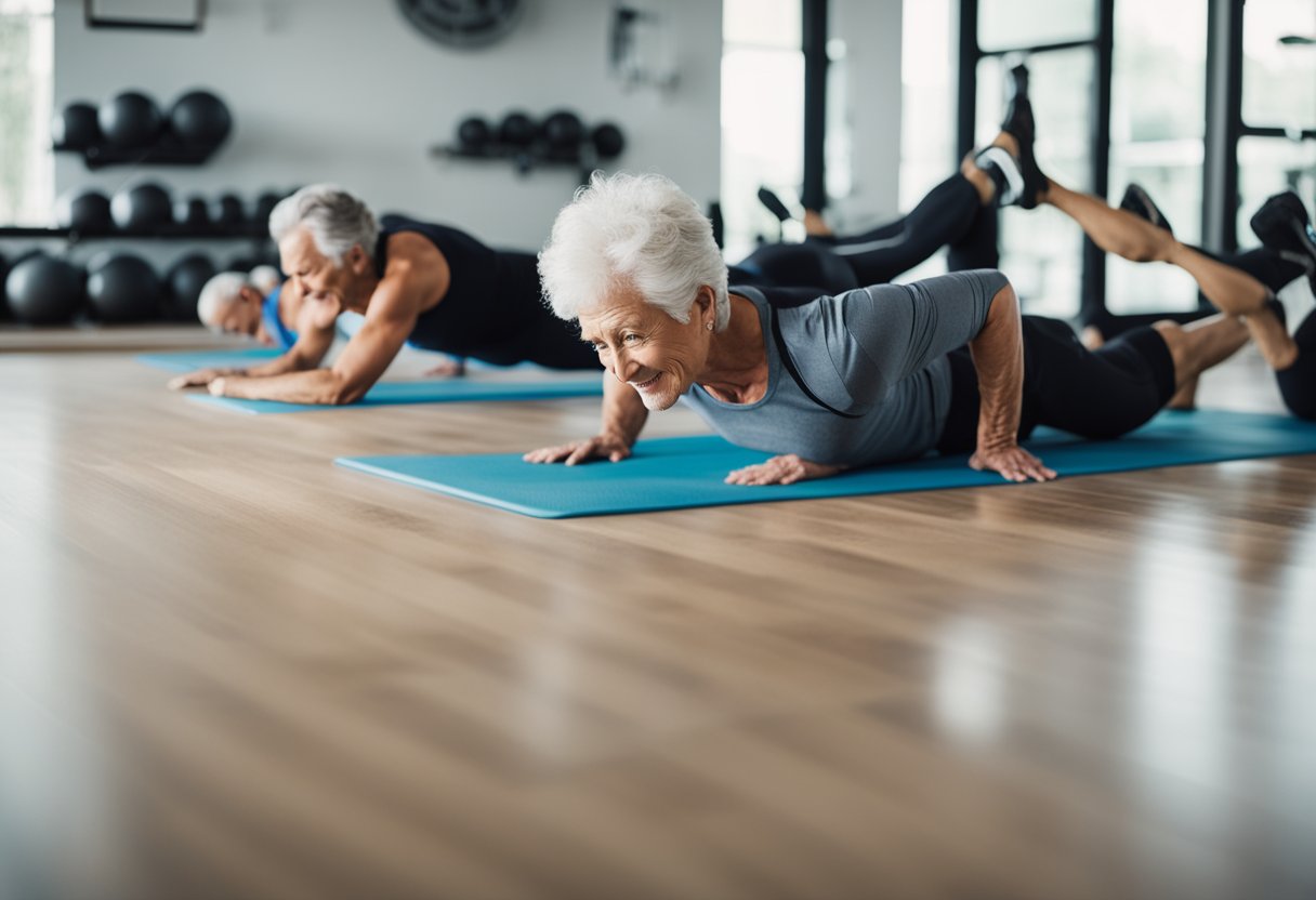 A group of seniors performing various exercises targeting their belly fat, such as crunches, planks, and leg raises, in a bright and spacious fitness studio