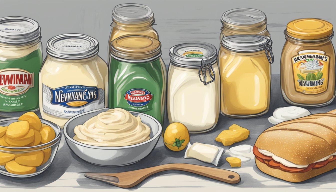 A kitchen table with two jars of mayonnaise, one labeled "Kraft" and the other "Newman's Own," surrounded by various condiments and sandwich ingredients