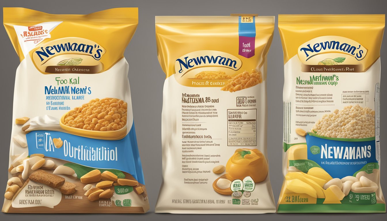 A table with two sets of food packaging, one for Kraft and one for Newman's Own, displaying their nutritional information