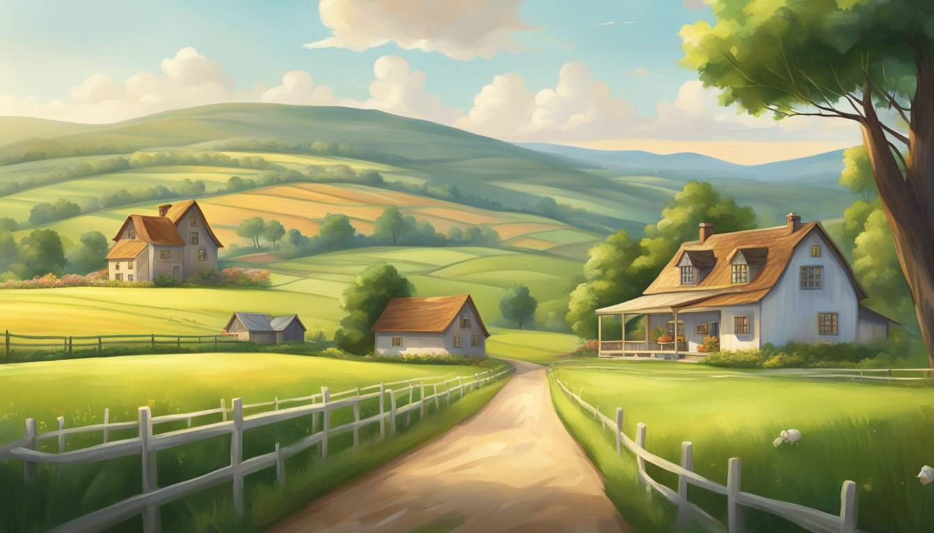 A serene countryside with a quaint farmhouse on the left and a modern bakery on the right, surrounded by lush green fields and rolling hills