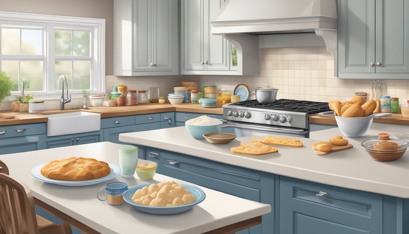 Two kitchen counters side by side, each with a box of Betty Crocker and Pillsbury baking mixes, measuring cups, mixing bowls, and a preheated oven