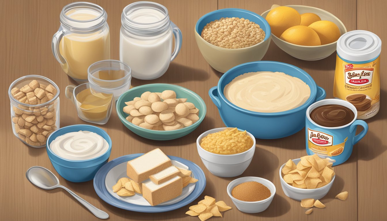 A table with Pepperidge Farm and Sara Lee products, surrounded by measuring cups and nutrition labels