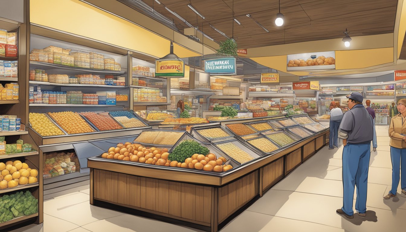 A bustling marketplace with two distinct product displays, one for Kraft products and the other for Newman's Own. Customers compare and contrast the two brands