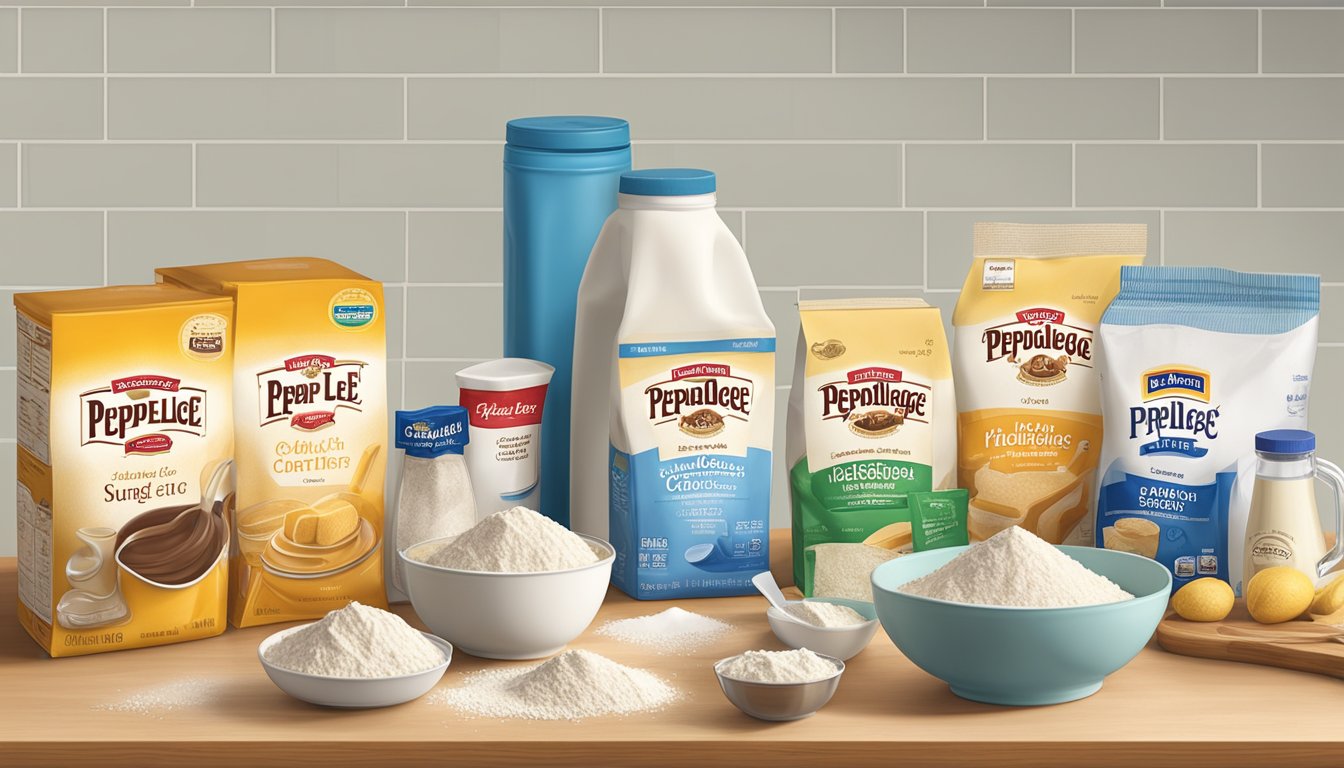 A kitchen counter with bags of Pepperidge Farm and Sara Lee ingredients, including flour, sugar, and butter, next to mixing bowls and measuring cups