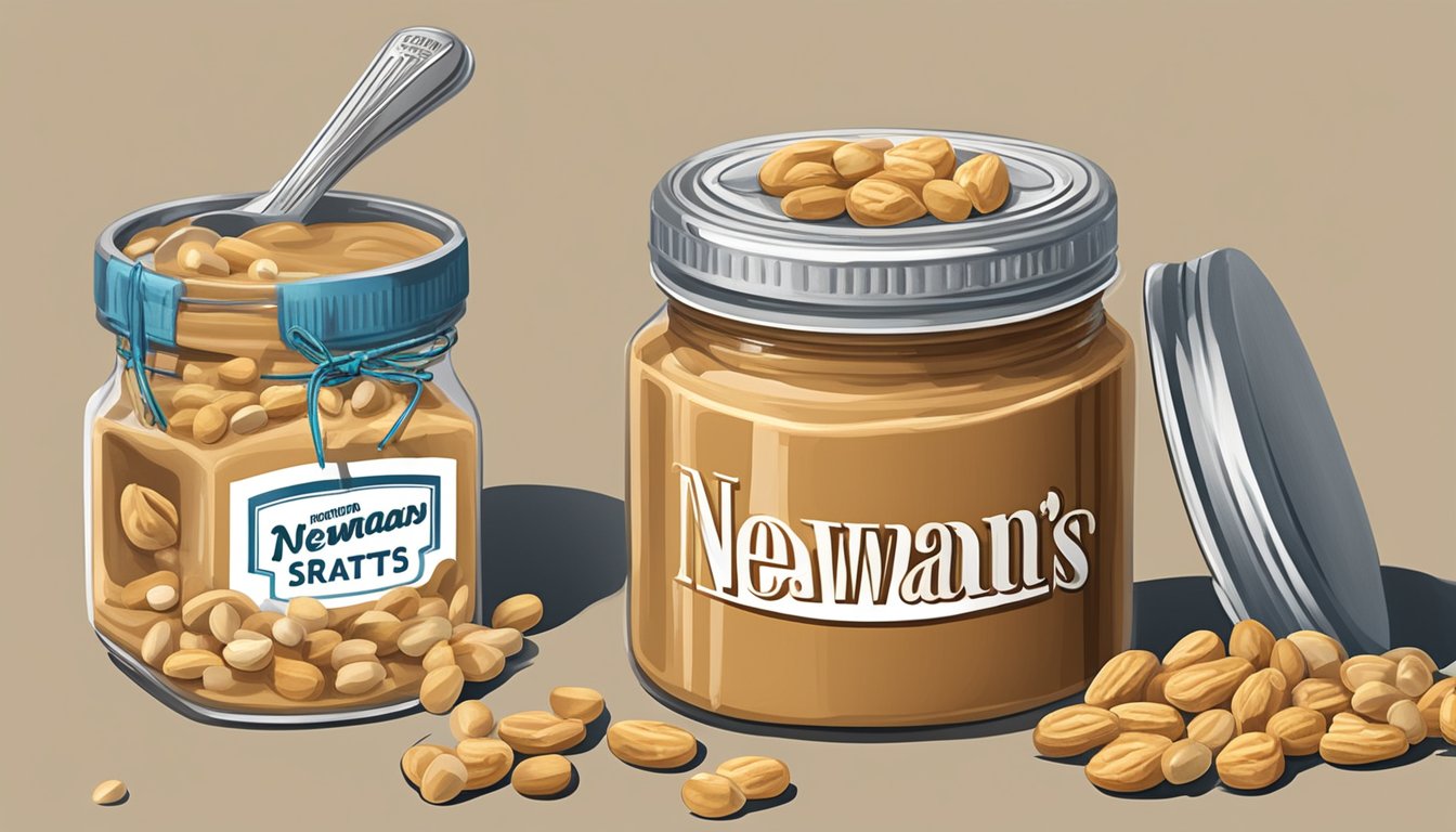 A table with two jars of peanut butter, one labeled "Kraft" and the other "Newman's Own," surrounded by scattered peanuts and a measuring spoon