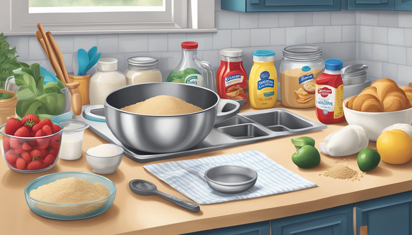 A kitchen counter with open Betty Crocker and Pillsbury baking mixes, measuring cups, and a mixing bowl. Ingredients and utensils are neatly arranged