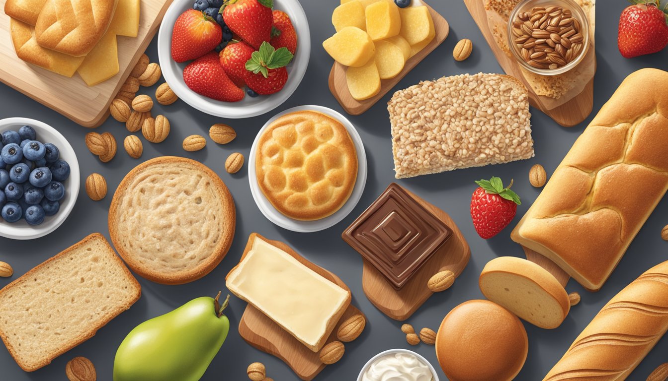 A table with various bread and pastry products from Pepperidge Farm and Sara Lee, surrounded by images of healthy ingredients like grains and fruits