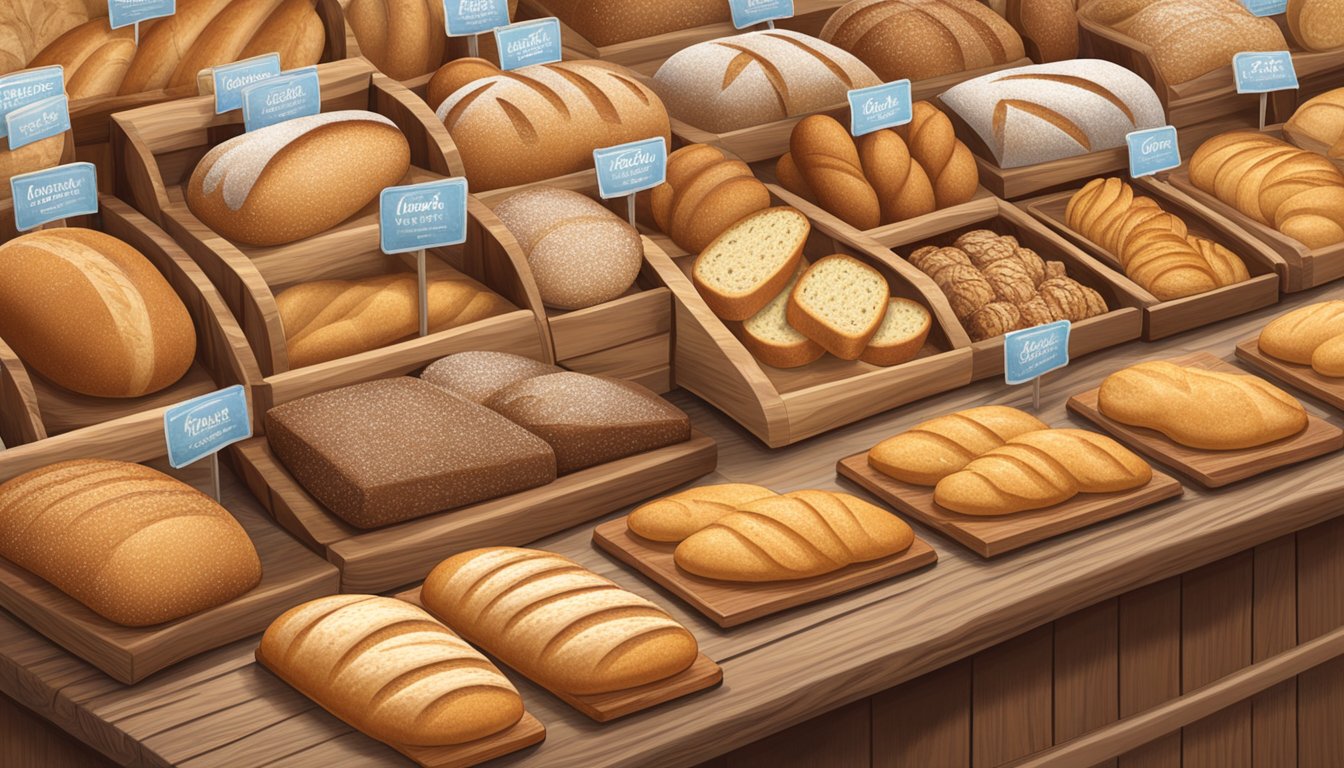 A display of various loaves of bread from Pepperidge Farm and Sara Lee on a wooden table at a farmer's market