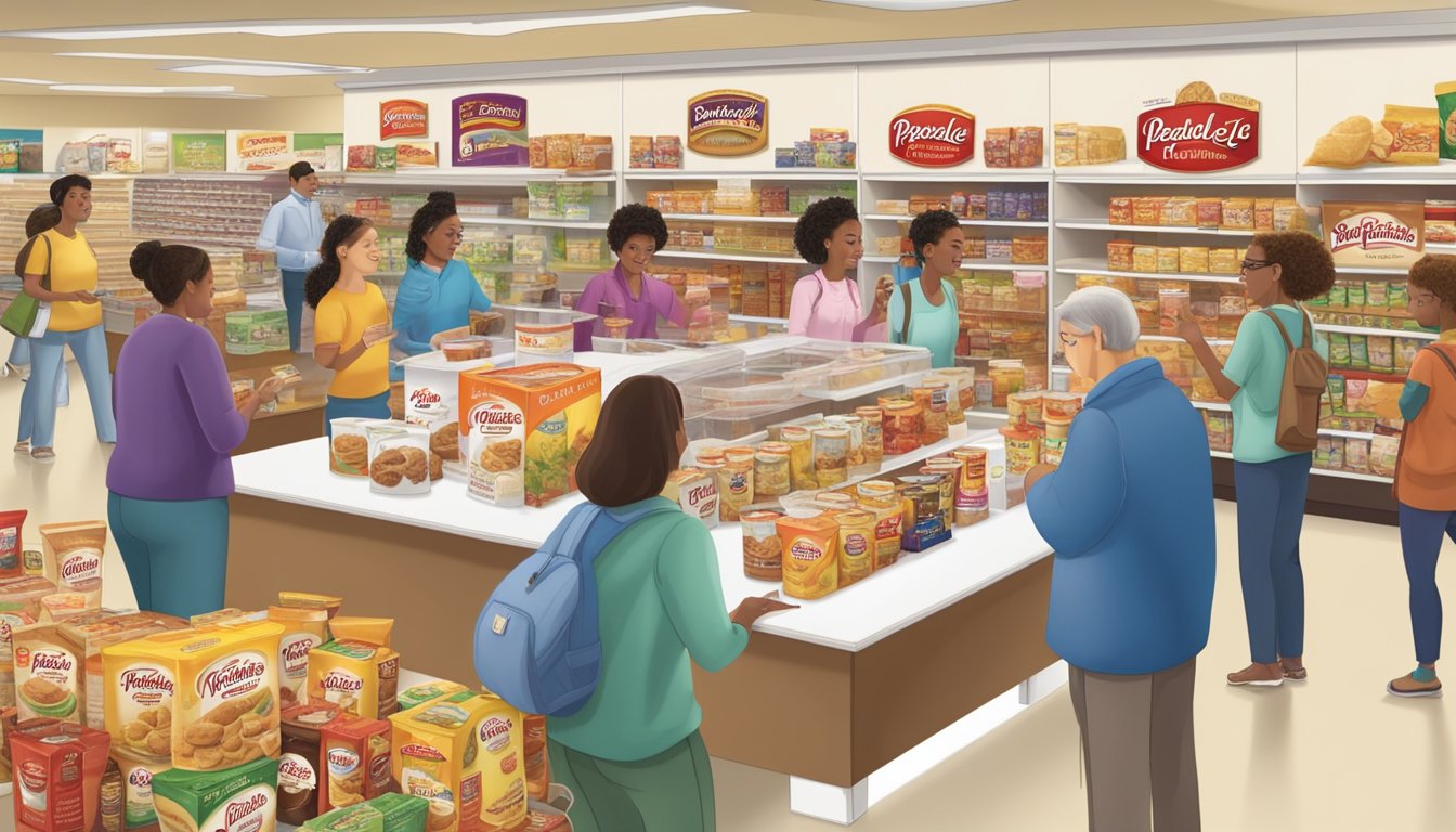 A table with Pepperidge Farm and Sara Lee products displayed, surrounded by a diverse group of consumers sampling and comparing the two brands