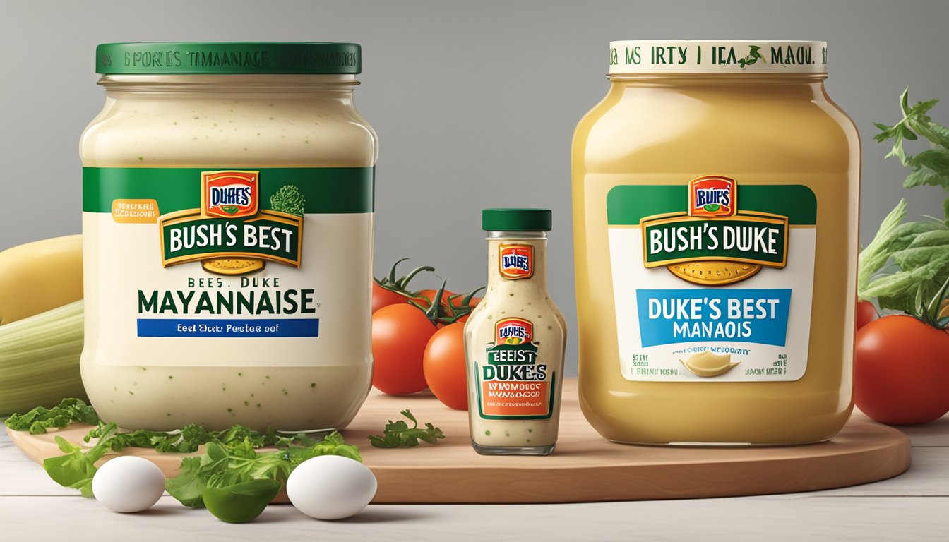 Two distinct jars of Bush's Best and Duke's mayonnaise sit side by side, surrounded by fresh ingredients like tomatoes, eggs, and vinegar