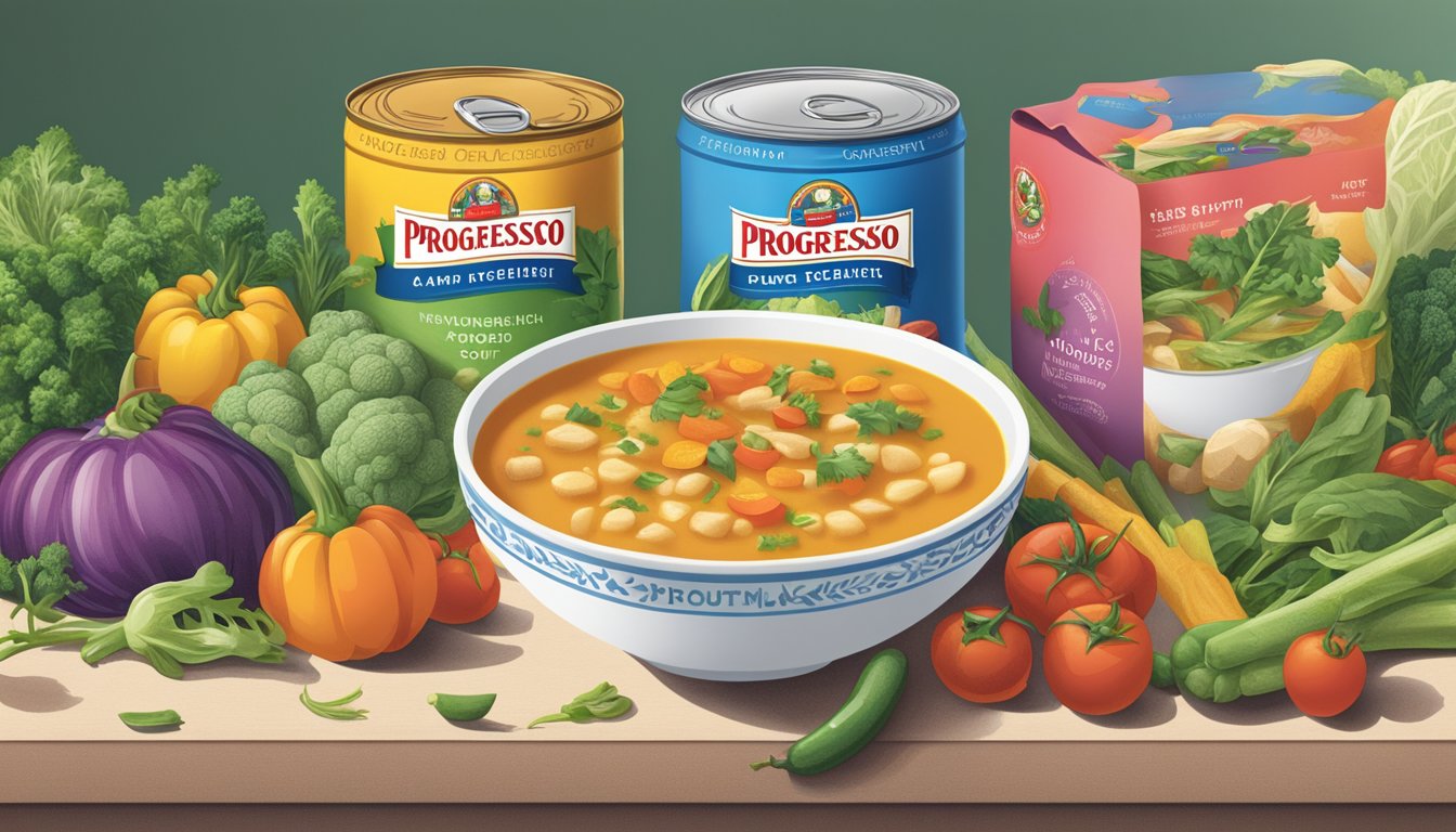 A table displaying cans of Progresso and Amy's soup, surrounded by colorful vegetable illustrations