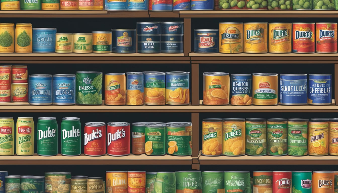 Two shelves filled with cans of Bush's Best and Duke's product offerings and varieties