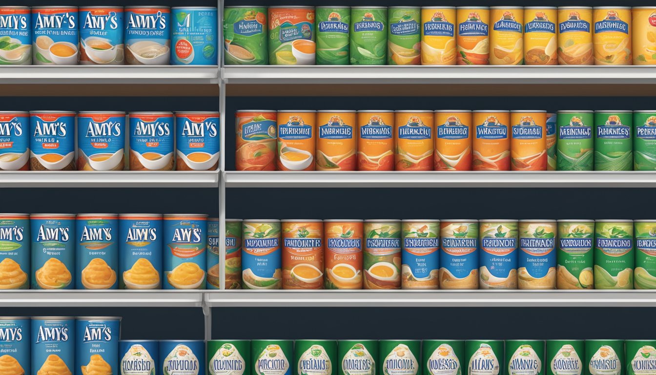 A display of Progresso and Amy's soup cans arranged in a neat row on a supermarket shelf