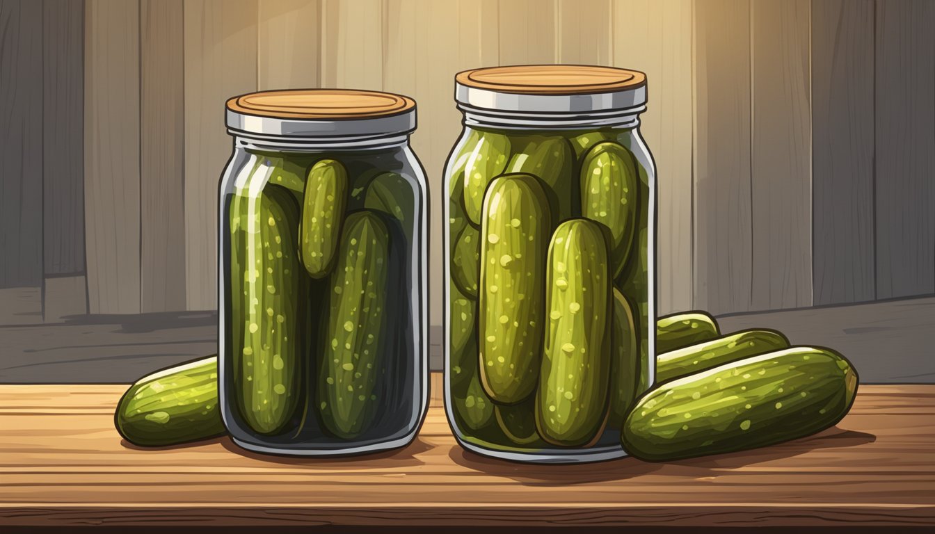 Two jars of pickles, one labeled "Bush's Best" and the other "Dukes," sit side by side on a rustic wooden table with a spotlight shining down on them