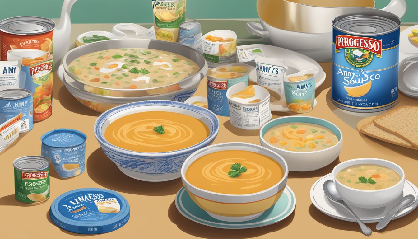 A table with open cans of Progresso and Amy's soup, surrounded by measuring cups and nutrition labels