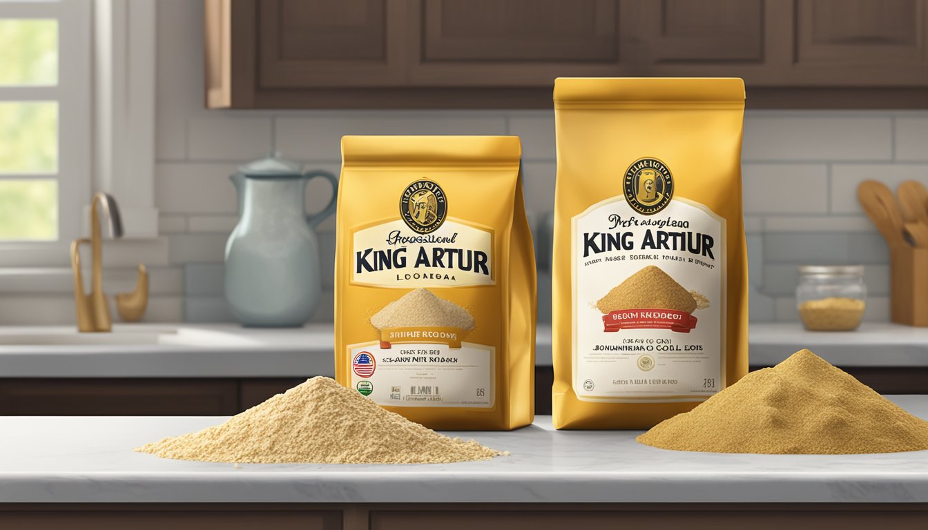 A bag of King Arthur Flour and a bag of Gold Medal Flour sitting side by side on a kitchen counter