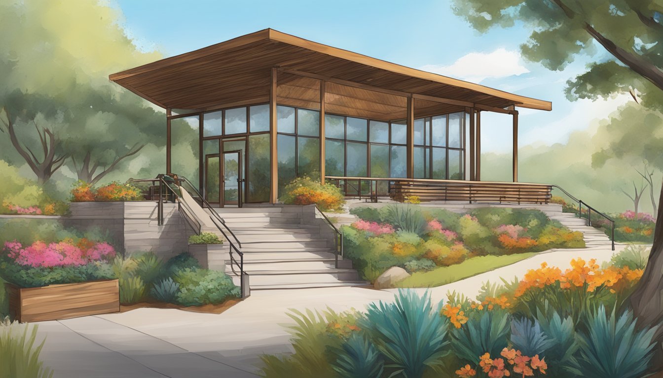 A rustic bush setting with vibrant flora contrasts with a sleek, modern visitor center