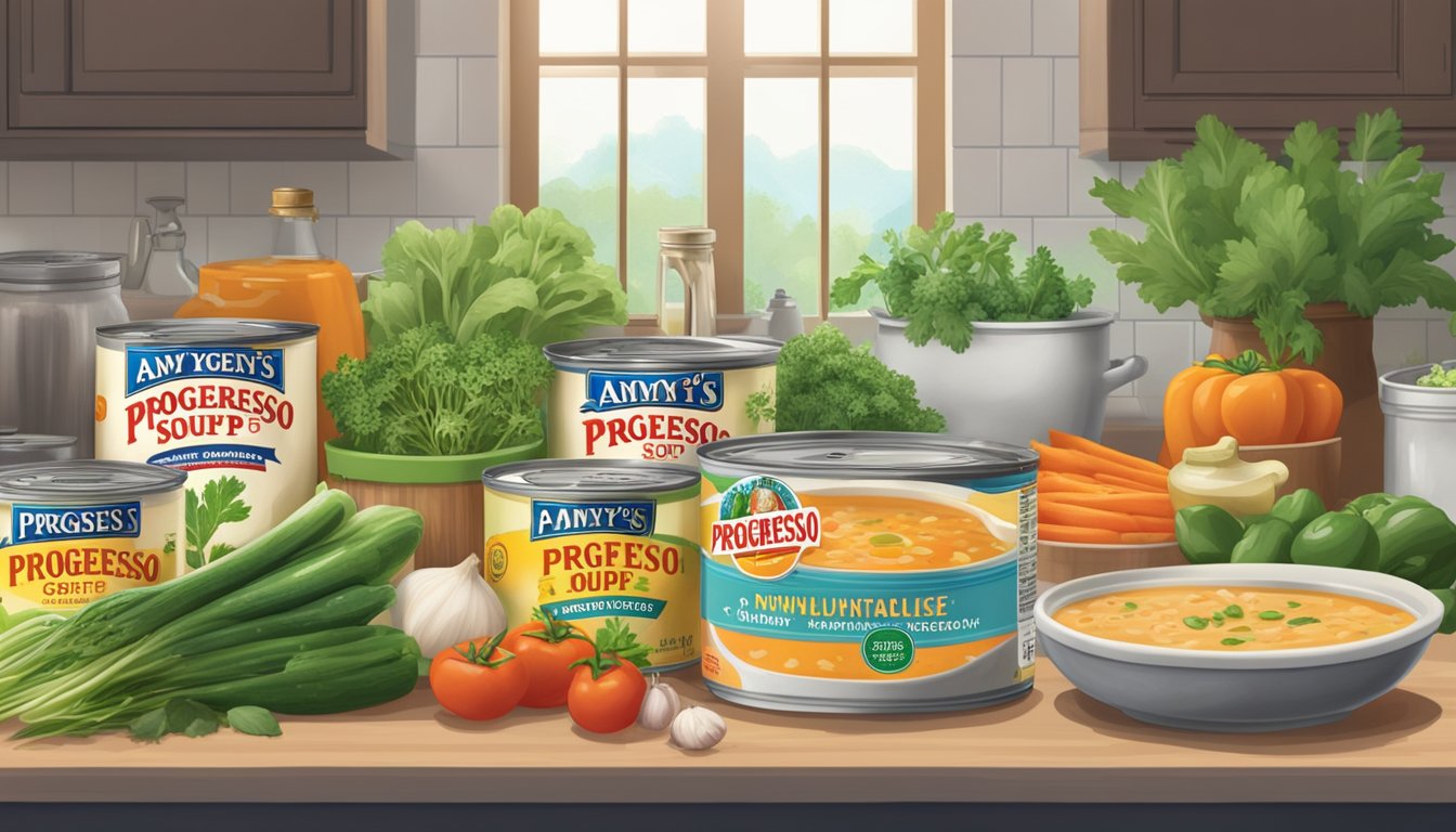 A kitchen counter with open cans of Progresso and Amy's soup, surrounded by fresh vegetables and herbs