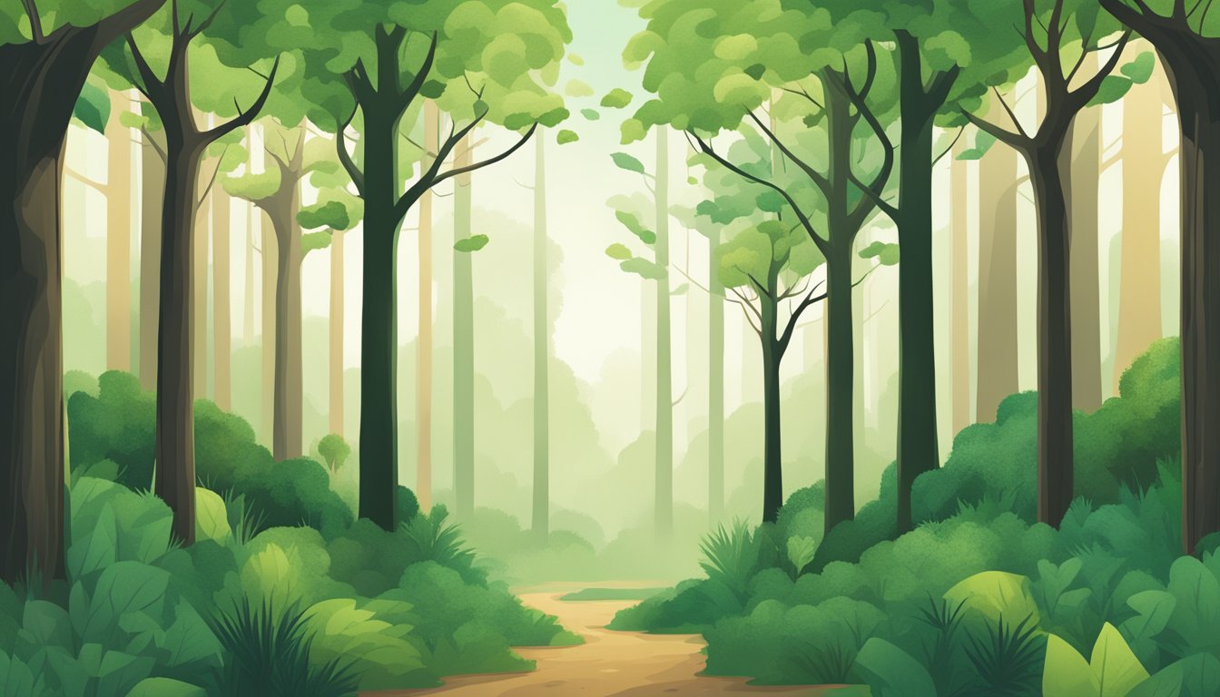 A lush green forest with two competing brands' logos displayed on opposing trees. One tree is surrounded by thriving wildlife, while the other is barren