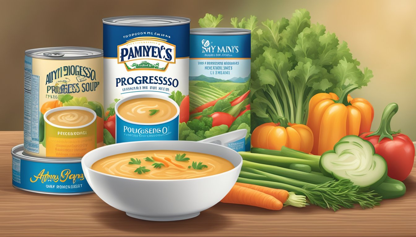 A table with cans of Progresso and Amy's soup, surrounded by fresh vegetables and a nutrition label