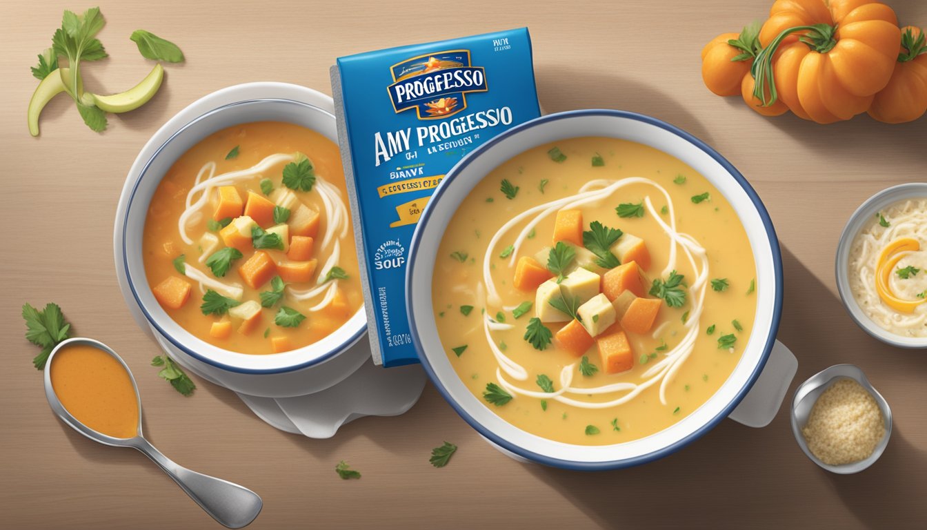 A bowl of Progresso soup sits next to a bowl of Amy's soup. The Progresso soup appears thick and hearty, while the Amy's soup looks lighter and more organic