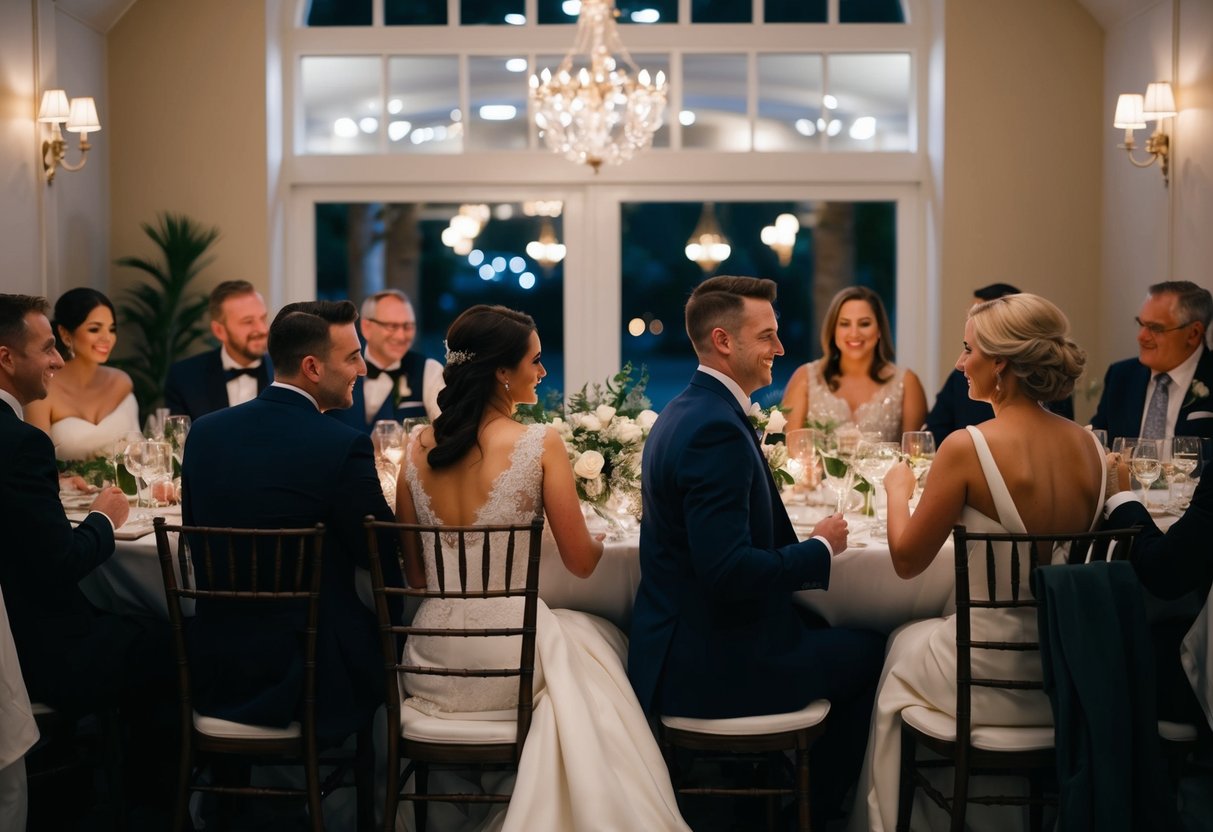 The bride and groom sit at separate tables, surrounded by friends and family, enjoying a quiet dinner together the night before their wedding