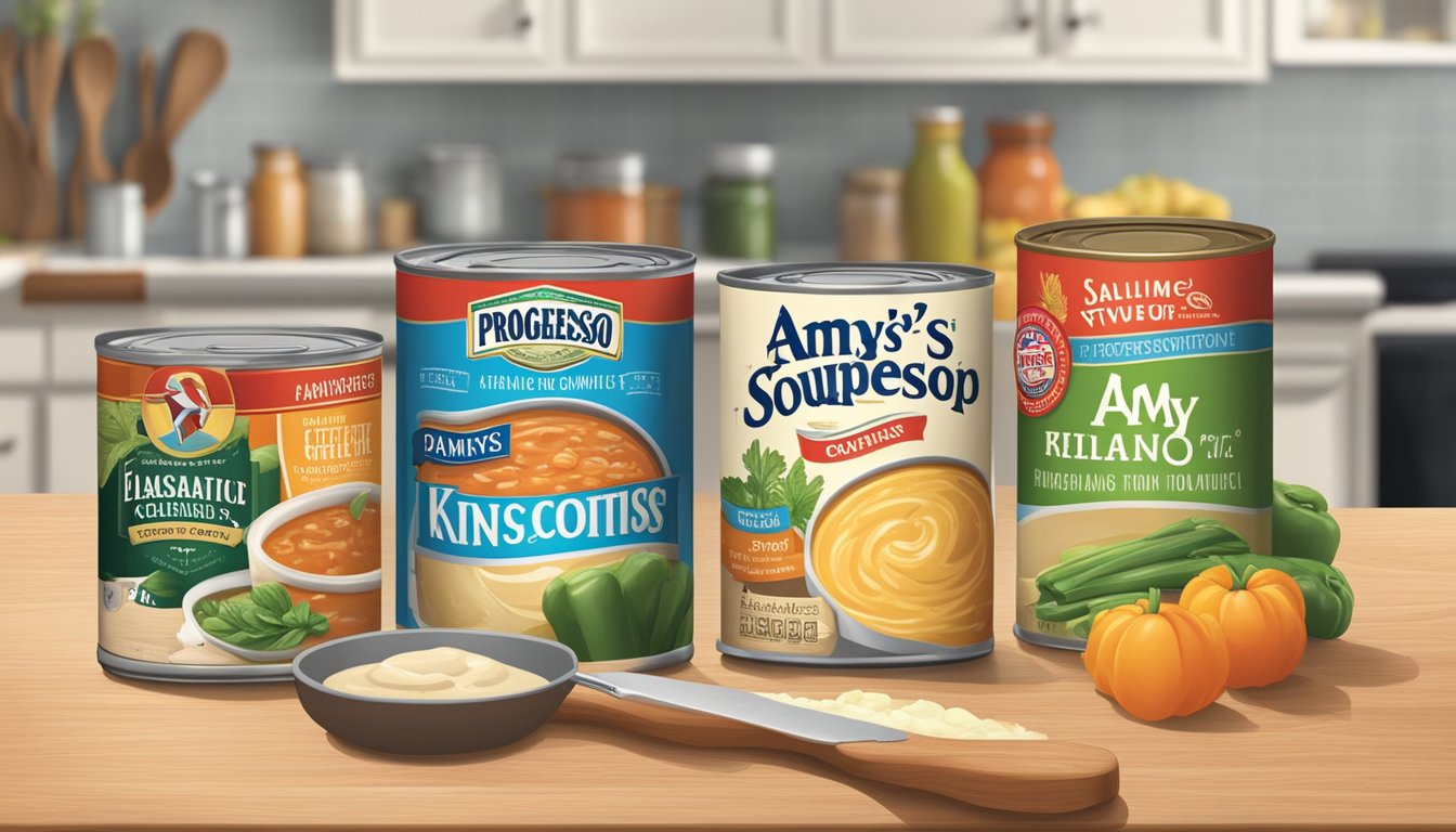 A kitchen counter with Progresso and Amy's canned soups, along with a cutting board and knife for preparation