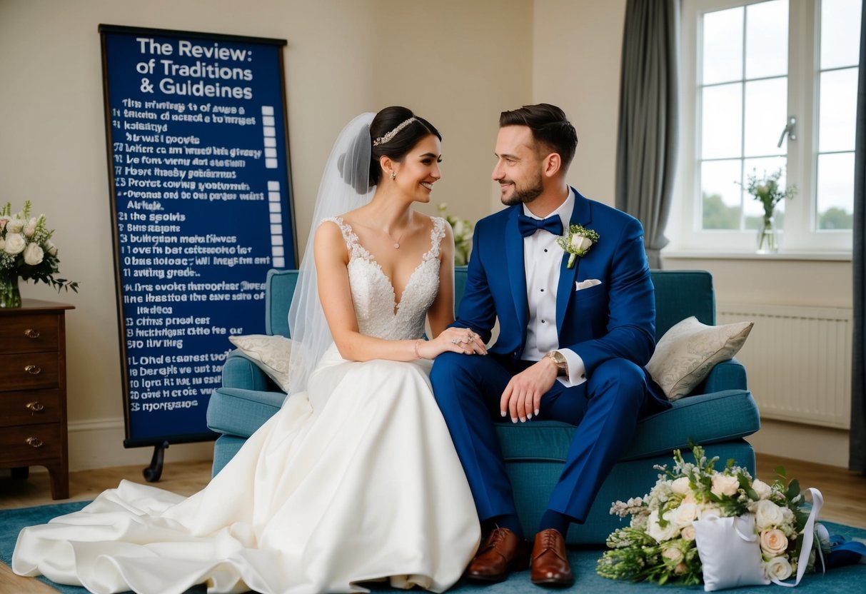 The bride and groom sit together, surrounded by wedding attire and accessories. They review a list of traditions and guidelines for the evening before their wedding