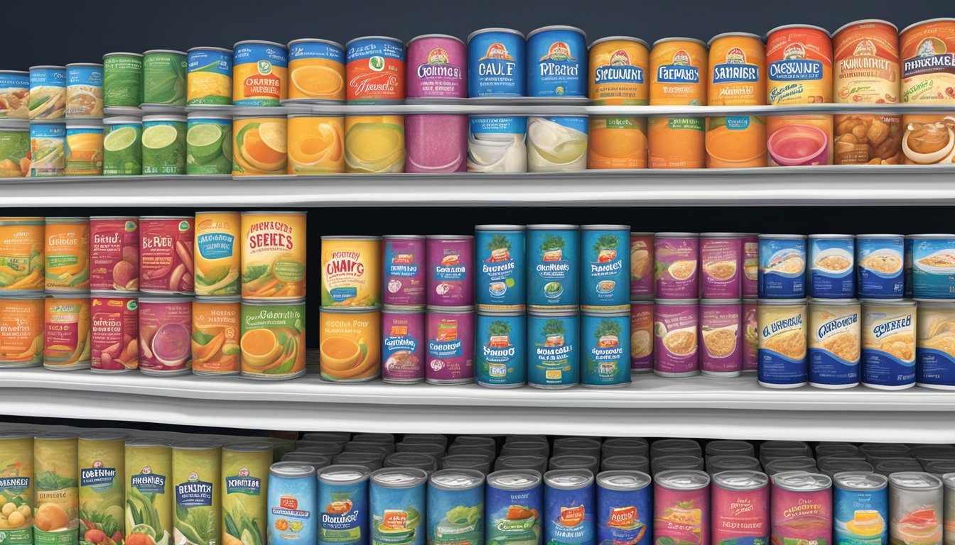 A comparison of Progresso and Amy's soup cans displayed on a grocery store shelf