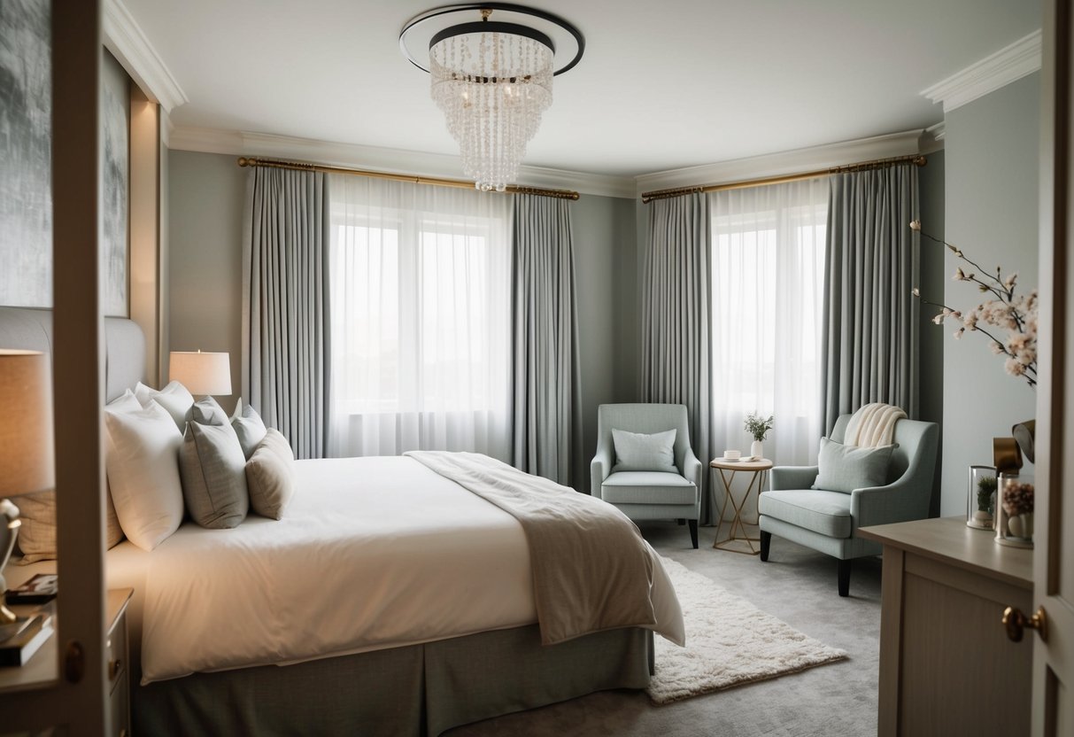 A serene bedroom with a cozy bed, soft lighting, and calming decor. A soothing aroma fills the air, creating a peaceful atmosphere for the bride and groom to relax and unwind before their big day