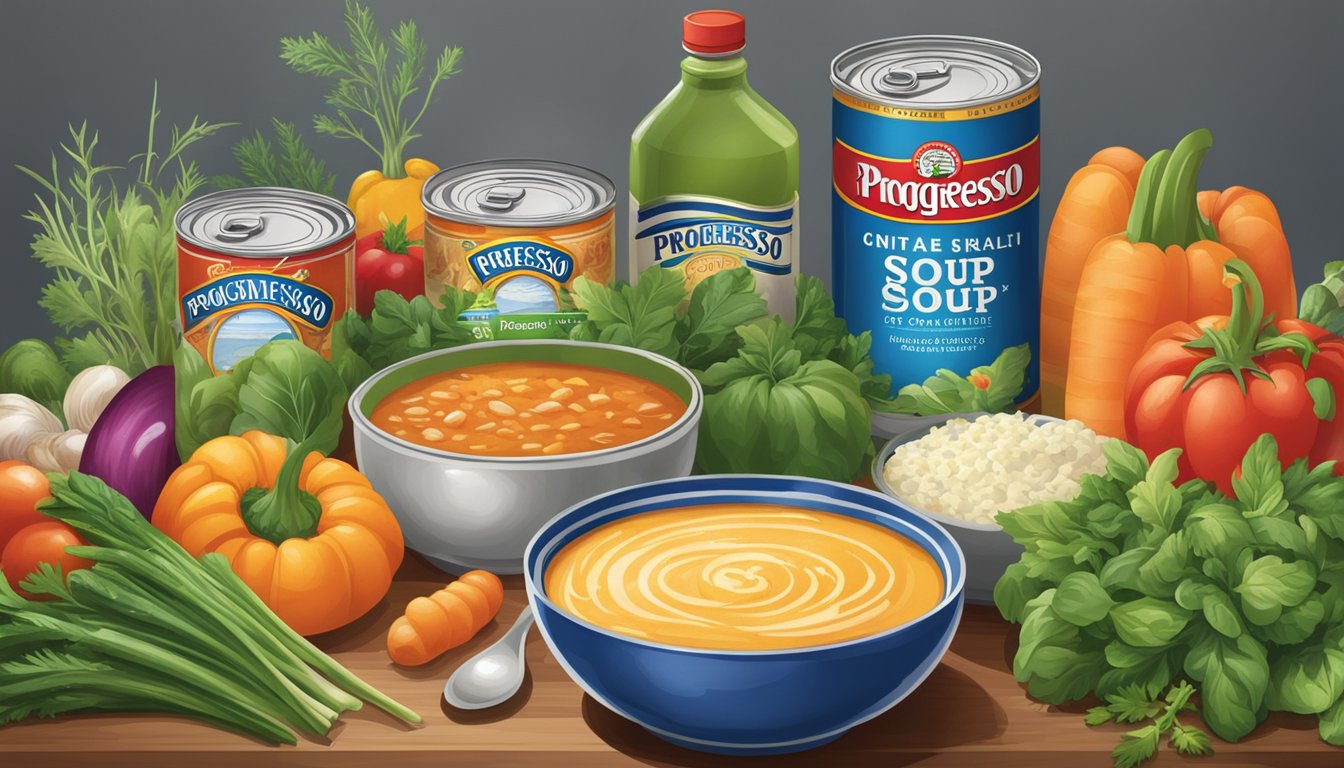 A kitchen counter with cans of Progresso and Amy's soup, surrounded by fresh vegetables and herbs