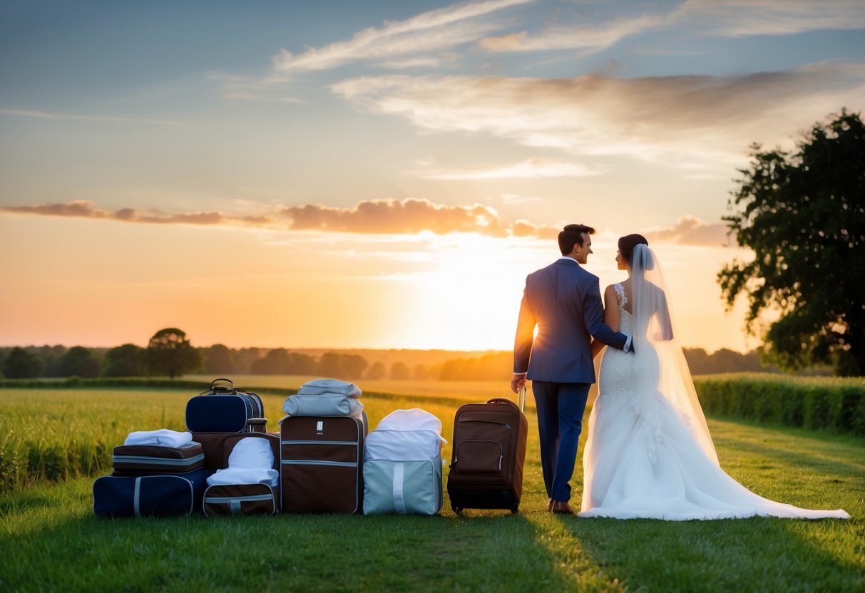Sunrise over a serene countryside, with a bride and groom's belongings neatly packed and placed by the door, symbolizing the anticipation and excitement of the upcoming wedding day