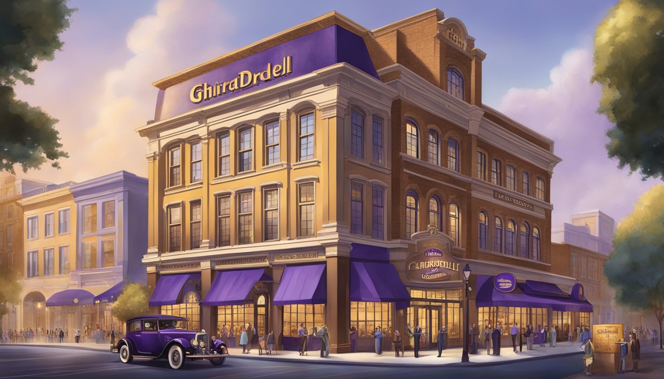 A grand chocolate factory stands tall, representing the rich history and legacy of Ghirardelli, while the iconic purple and gold packaging of Cadbury adds to the scene