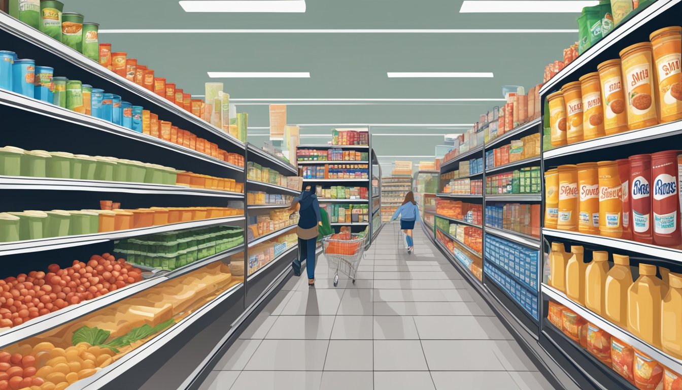 A bustling grocery store aisle, with Progresso and Amy's soup cans prominently displayed, surrounded by shoppers comparing prices and ingredients