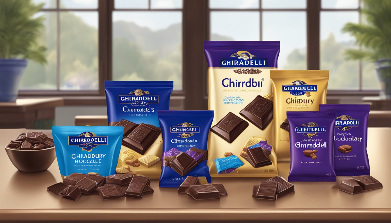 A table displaying a variety of Ghirardelli and Cadbury chocolate products side by side